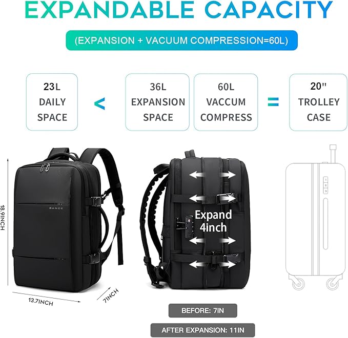 BANGE Air Vacuum Backpack for Travel, Expandable Backpack with Vacuum Compression Packing Bag,Space Saver Bags for Traveling, Business,Camping(NO PUMP)…