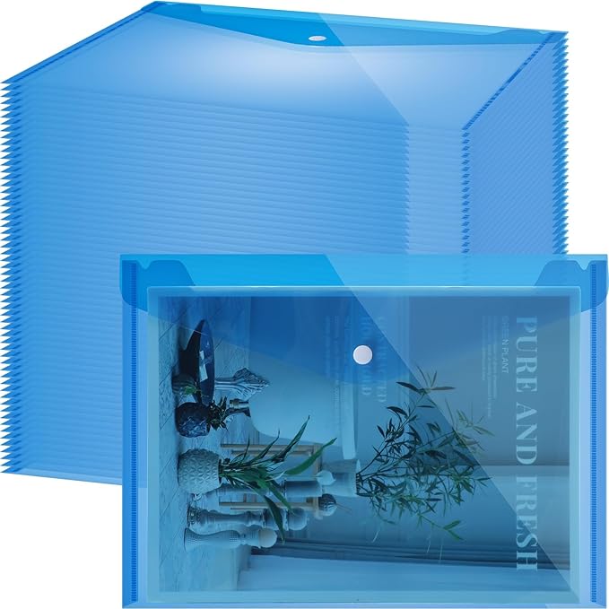 Zhehao 100 Pcs Clear Envelopes with Snap Button Closure A4 Letter Size Plastic Envelope Folder Poly Document File Folders for Home Office(Blue,Simple Style)
