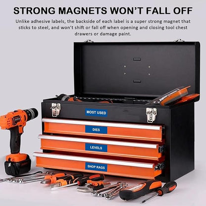 Tool Box Organization Magnetic Labels,Tool Chest Organizer Labels with Strong Magnets,Easy to Read Printing - Fits All Brands of Steel Tool Box Drawers,Blue-(72 Pcs, 4 x 1 Inches)