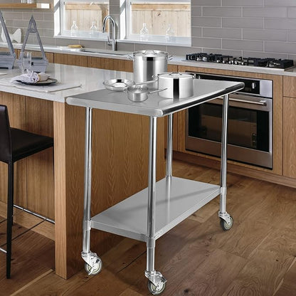 STABLEINK Stainless Steel Table with Caster Wheels 24 x 30 Inches, NSF Commercial Prep & Work Table with Adjustable Undershelf and Table Foot, for Commercial Kitchen, Restaurant, Hotel and Garage