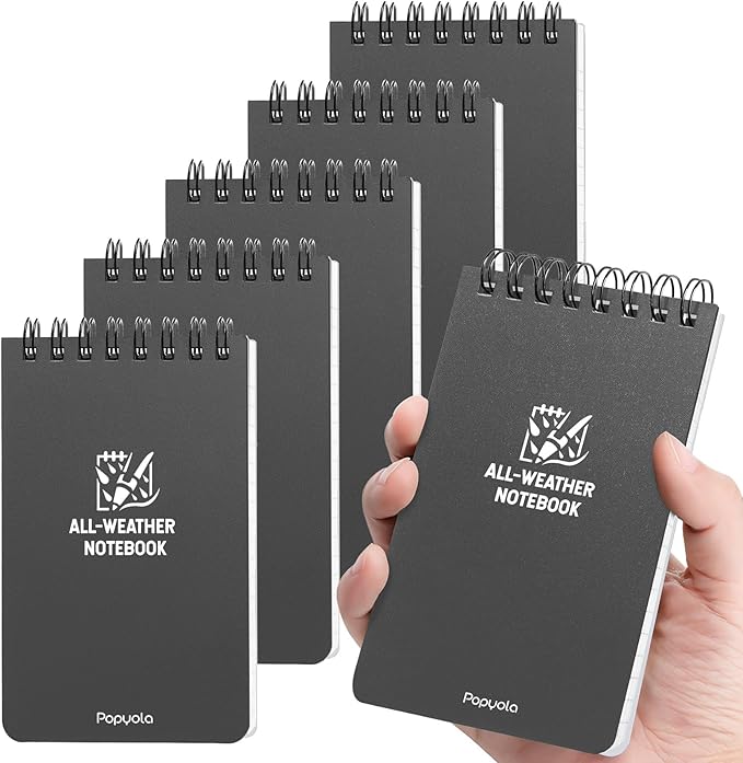 POPYOLA 6 Pack Waterproof Pocket Notebook, 3x5 Pocket Notepad, All Weather Mini Spiral Notepad, Write in the Rain Police Notepad with 100 Squared Pages for Outdoor Home Office School, Grey