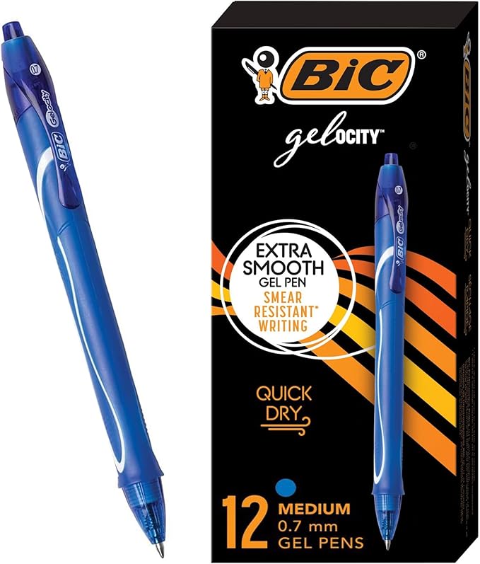 BIC Gelocity Quick Dry Blue Gel Pens, Medium Point (0.7mm), 12-Count Pack, Retractable Gel Pens With Comfortable Full Grip