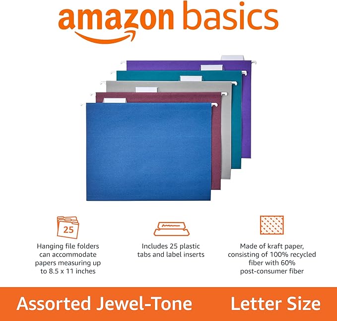 Amazon Basics Hanging Folders, Pack of 25, Letter Size, Assorted Jewel-tone Colors