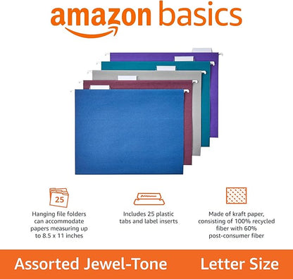 Amazon Basics Hanging Folders, Pack of 25, Letter Size, Assorted Jewel-tone Colors