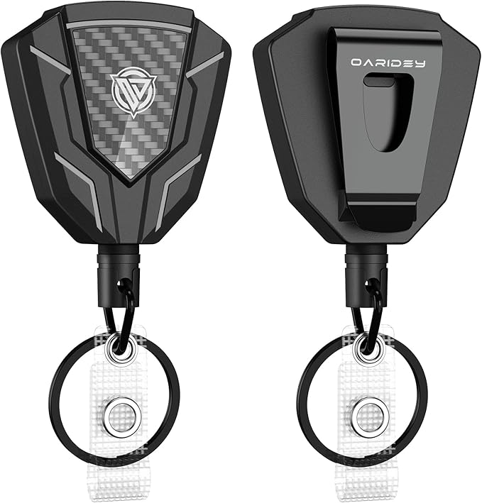 Oaridey Heavy Duty Retractable Keychain with Belt Clip, Retractable Badge Holders with Carbon Fiber Front, Badge Reels Retractable with Key Ring and 31.8” Steel Cord, 9oz Rebound - 2 Pack