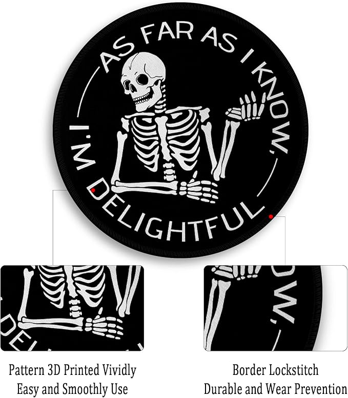 Skeleton Skull Round Mouse Pad, Cute Funny Mousepad for Laptop Gaming Women, with Stitched Edge Non-Slip Rubber Base, Skeleton Home Office Decor Desk Accessories, As Far As I Know I'm Delightful