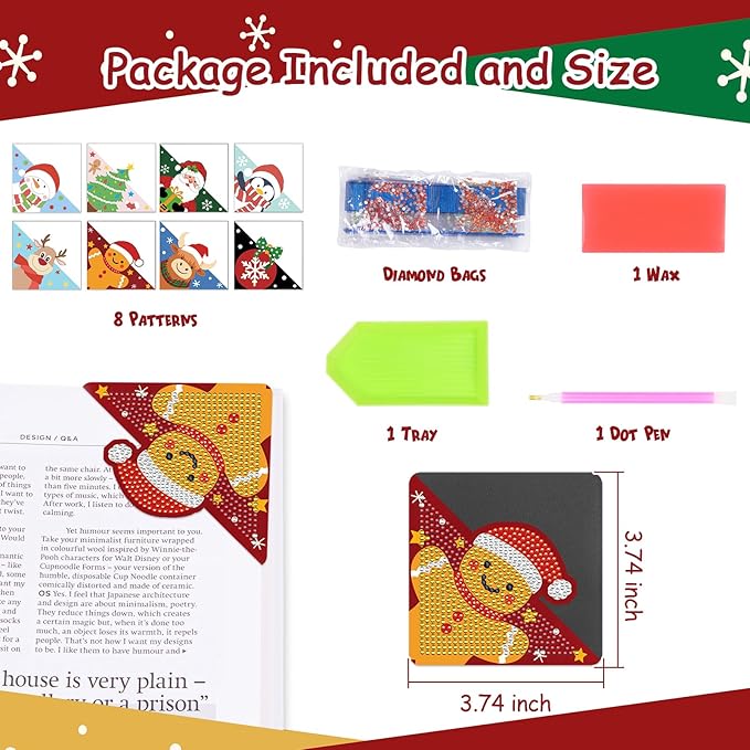 Anseal 8 Pcs Christmas Diamond Art Painting Bookmark, Rhinestone Crystal Corner Bookmarks for Book Lovers, Triangle Embroidery Painting Arts Crafts Book Mark for Kids