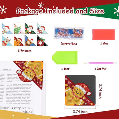 Anseal 8 Pcs Christmas Diamond Art Painting Bookmark, Rhinestone Crystal Corner Bookmarks for Book Lovers, Triangle Embroidery Painting Arts Crafts Book Mark for Kids