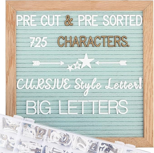 Blue Felt Letter Board - 10x10 Inch, Pre Cut & Sorted 725 Letters, First Day of School Sign, Changeable Message Board for Classroom & Farmhouse Wall Decor