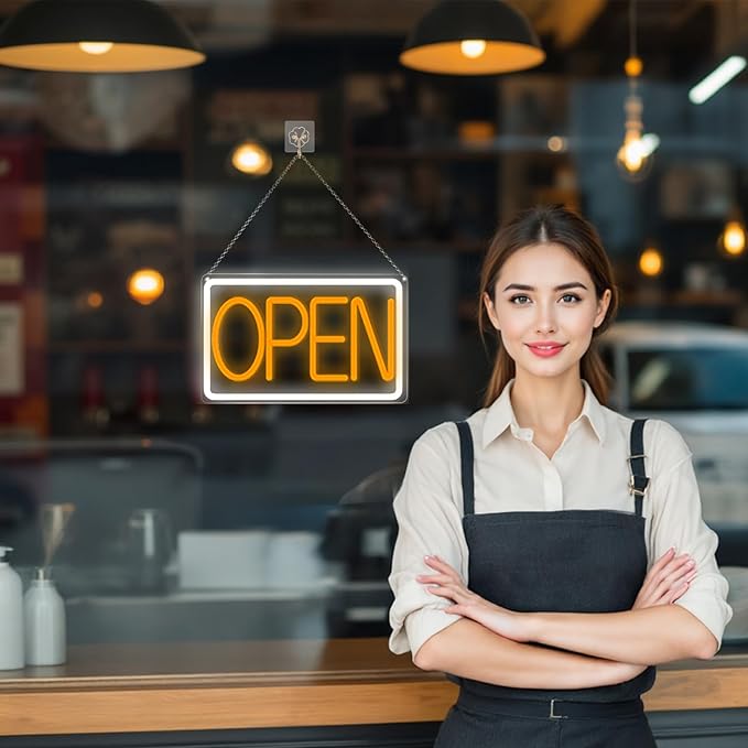 Bright and Eye-Catching LED Open Sign for Business - "16x 10" (White/Yellow) Transparent Acrylic Neon Sign | Ideal for Storefronts, Windows, Bars | Commercial LED Open Signs, Light-Up Open Signs