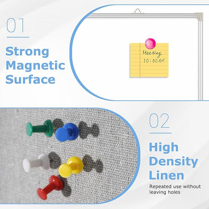 DOLLAR BOSS Foldable Linen Cork Board White Board Combo 48 x 36 in Extra Large Magnetic Whiteboard Dry Erase Bulletin Board Portable Double Sided Aluminum Frame Pin Board for School Office, Grey