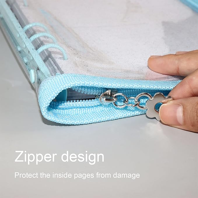 Multibey A5 Binder Cover Clear Soft PVC 6-Ring Binder Budget Evelopes System with Zipper Planner Organizer Refillable Notebook Journal Binder (Blue, A5)