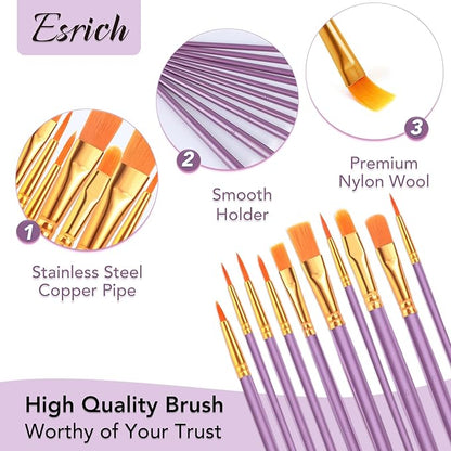 ESRICH Acrylic Paint Brushes Set, 10 Packs/ 100 Pcs Watercolor Brushes,Nylon Brush Head, for Oil Painting, Gouache, Face,Ceramics etc, Kid's and Adults Painting Arts and Crafts Paint Sets.