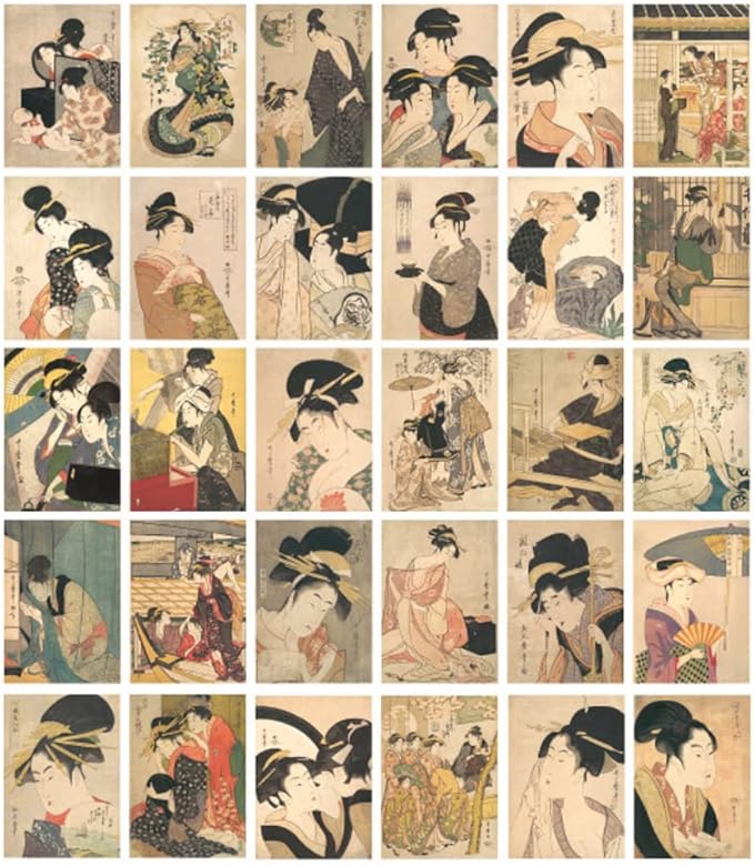 HOSTEESSCHOICE Vintage Art Postcards set of 30 Post card of Japanese Artist Kitagawa Utamaro variety pack Famous Painting Scenery,4 x 6 Inches