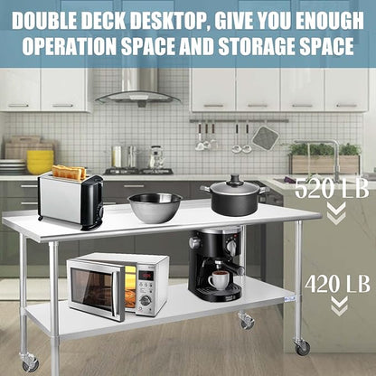 HALLY Stainless Steel Table for Prep & Work 24 x 72 Inches with Caster Wheels, NSF Commercial Heavy Duty Table with Undershelf and Backsplash for Restaurant, Home and Hotel