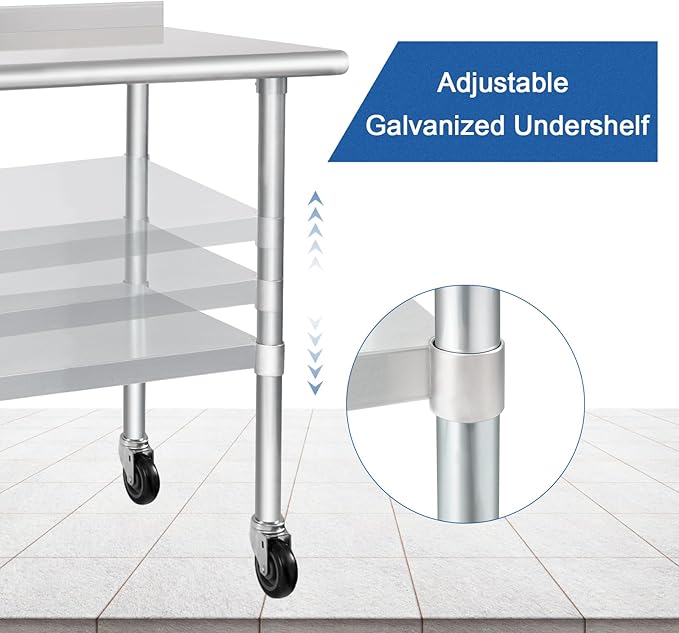 HARDURA Stainless Steel Table 30 x 36 Inches with Wheels Casters NSF Heavy Duty Commercial Prep Table with 2” Backsplash and Adjustable Undershelf for Restaurant Kitchen Home and Hotel