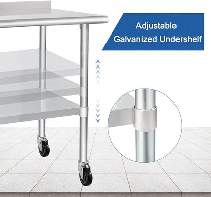 HARDURA Stainless Steel Table 30 x 36 Inches with Wheels Casters NSF Heavy Duty Commercial Prep Table with 2” Backsplash and Adjustable Undershelf for Restaurant Kitchen Home and Hotel