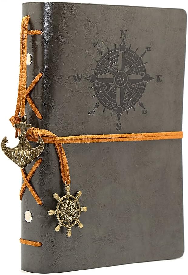 EvZ Leather Writing Journal Notebook, 7 Inches Vintage Nautical Spiral Blank String Diary Notepad Sketchbook Travel to Write in, Unlined Paper, Retro Pendants, Classic Embossed, Grey