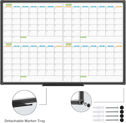 JILoffice Magnetic Dry Erase Calendar Whiteboard, 4 Month White Board Planner 36 X 24 Inch, Black Aluminum Frame Wall Mounted Board for Office Home and School