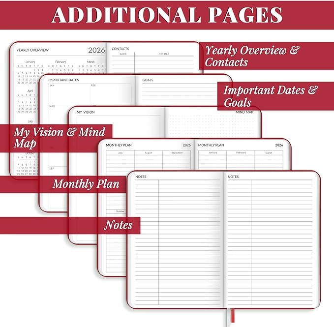 2026 Planner, Weekly and Monthly Planners, Faux Leather Daily Calendar 2026 Planner, 12 Month Agenda from Jan. to Dec., Hardcover Habit Tracker Journal 5.75" x 8.4"(Red)