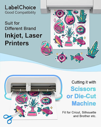 100 Sheets 8.5x11 Printable Sticker Paper work with Inkjet, Laser Printer & Cricut Maker, Labelchoice Blank Matte White Full Paper Sticker Printer Paper, Self Adhesive A4 Letter Size Full Sheet Labels