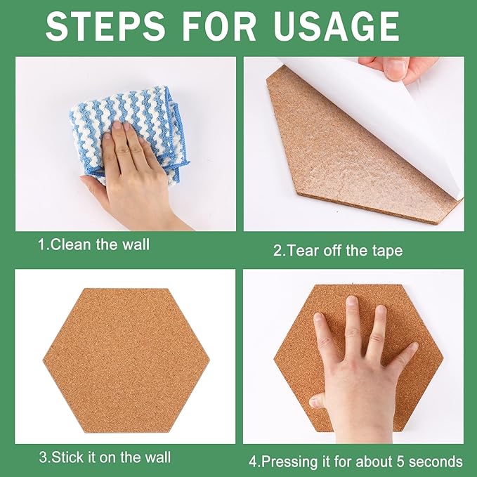 FEBSNOW 10 Pack Self-Adhesive Cork Board Tiles Hexagonal Cork Board Mini Wall Bulletin Board with 50 Multi-Color Push Pins