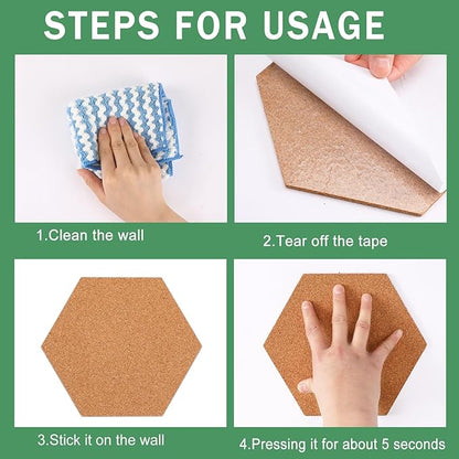 FEBSNOW 10 Pack Self-Adhesive Cork Board Tiles Hexagonal Cork Board Mini Wall Bulletin Board with 50 Multi-Color Push Pins