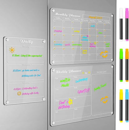 DIYMAG 3Pcs Acrylic Magnetic Dry Erase Calendar for Fridge, Clear Acrylic Calendar Planning Board Set Magnetic Weekly Monthly Planner Menu for Refrigerator with 6 Highlight Markers