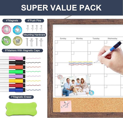 Dry Erase Calendar Cork Board Combo, 17"x13" Calendar Whiteboard for Wall, Magnetic White Board Monthly Calendar with Wood Framed, Dry Erase Board for Home Office Kitchen Planner Memo