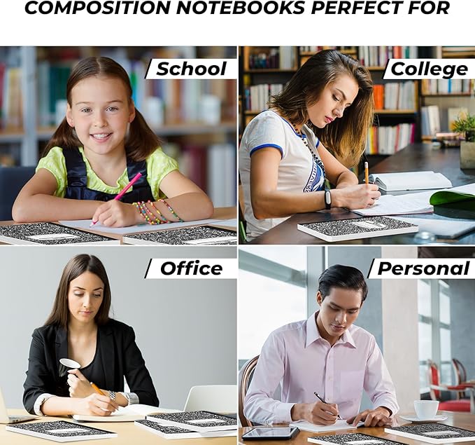College Ruled Composition Notebooks 5 Pack, 200 Pages (100 Sheets), 9-3/4" x 7-1/2", White & Black Marble Composition Book, Hard Cover, Sturdy Sewn Binding, School, College & Office Supplies