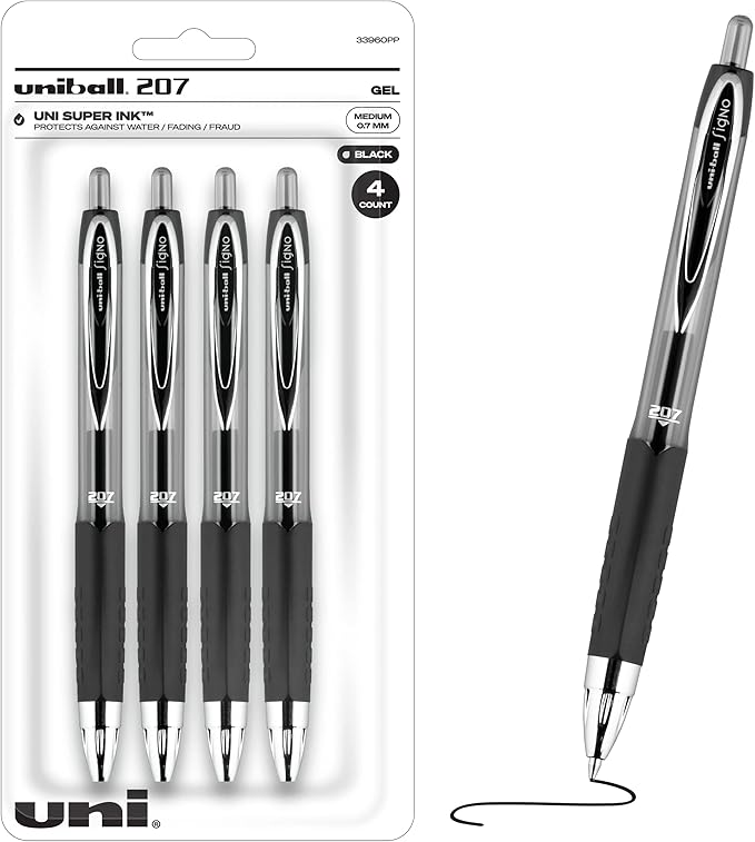 Uniball Signo 207+ Gel Pen 4 Pack, 0.7mm Medium Black Pens & Uniball Signo Gel 207™ Retractable Gel Pens, Medium Point, 0.7 mm, Clear Barrel, Black Ink, Pack Of 4