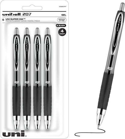 Uniball Signo 207+ Gel Pen 4 Pack, 0.7mm Medium Black Pens & Uniball Signo Gel 207™ Retractable Gel Pens, Medium Point, 0.7 mm, Clear Barrel, Black Ink, Pack Of 4