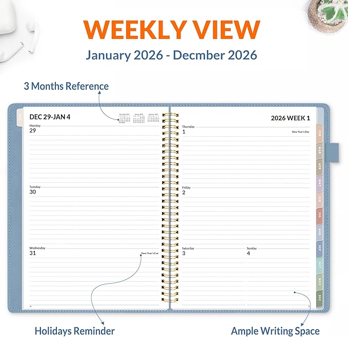 SUNEE 2026 Weekly & Monthly Planner 9"x11.2"- 12 Month (January 2026 - December 2027), Vegan Leather Cover, Pocket, Bookmark, Notes, Monthly Tab, Gay Blue
