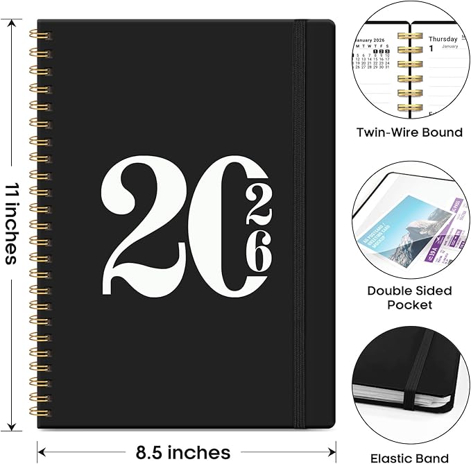 2026 Planner, Weekly and Monthly Calender Planner, Jan 2026 to Dec 2026, Hardcover 2026 Calendar Planner Book with Tabs & Inner Pocket, Office Home School Supplies for Women & Men - A4 (8.5" x 11"), Black
