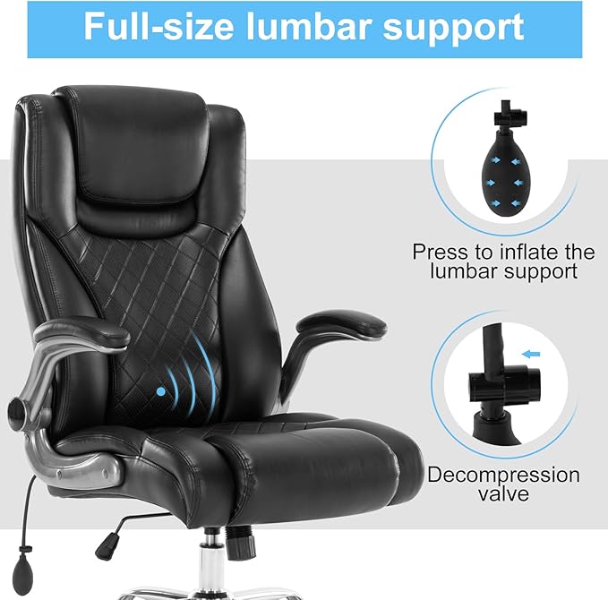Executive Office Chair Desk Swivel Chair High Back Computer Chair - Adjustable Lumbar Support with Flip-Up Arms PU Leather Chair with Spring Cushion (Black)