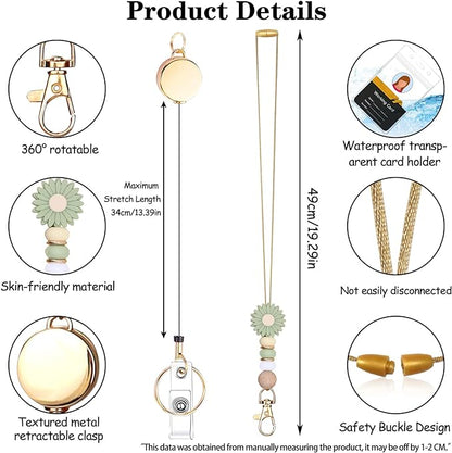 Colorful ID Badge Holder with Silicone Beads Lanyard Set,Cute Teacher Breakaway Lanyard for Keys & Keychain with Cute Retractable Badge Reel Holder,Gift for Women,Nurse, Teacher. (Green Daisy)