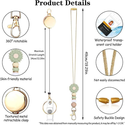 Colorful ID Badge Holder with Silicone Beads Lanyard Set,Cute Teacher Breakaway Lanyard for Keys & Keychain with Cute Retractable Badge Reel Holder,Gift for Women,Nurse, Teacher. (Daisy 3)