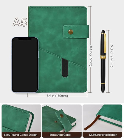 Green A5 Lined Leather Journal Notebook for Men Women,5.9" X 8.4" Personalized Hardcover Journal with Pen,200 Pages 100 Gsm Thick Ruled Paper Daily Diary for School,Travel,Work,Writing