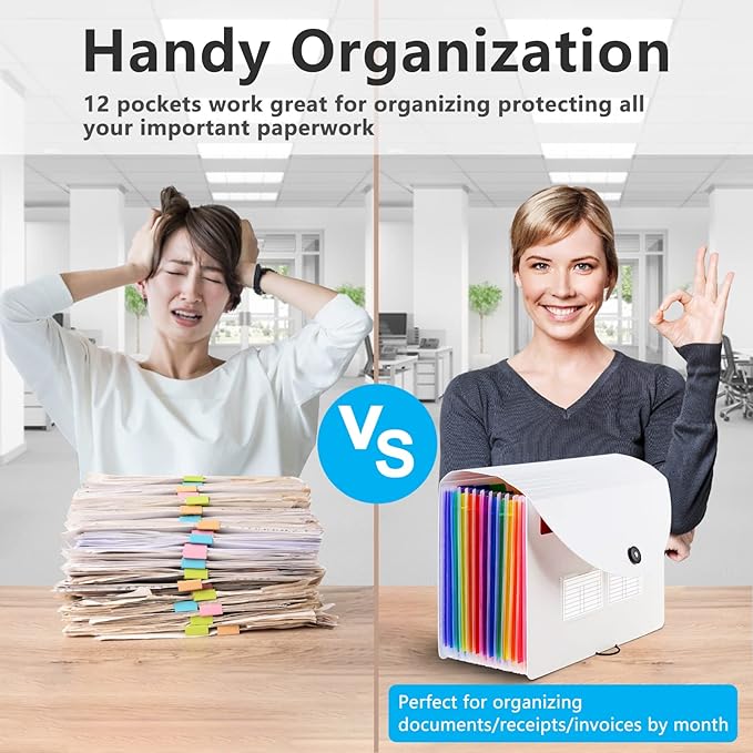 Sooez Accordion File Organizer, 12 Pockets Expanding File Folder, Portable Monthly Paper Bill Tax Receipt Organizer, Letter A4 Size Document Holder with Blank Labels, White