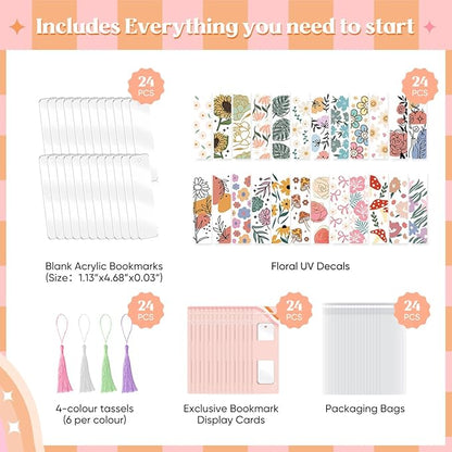 48PCS Bookmark Making Kit, 24 Acrylic Bookmark Blanks with 24Pcs Tassels, 24 UV Stickers About Flower Theme, DIY Blank Bookmarks Waterproof UV DTF Transfers Stickers for Clear Bookmarks DIY Projects