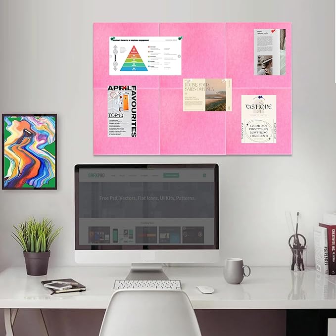 Vuzvuv Pink 35.4"x23.6" Large Cork Board with 50 Push Pins, Self-Adhesive Bulletin Board No Damage for Wall, Felt Pin Board for Paste Notes, Photos, Schedules Offices Home(6 Pcs 11.8x11.8 Inch)