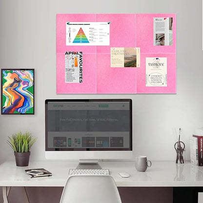 Vuzvuv Pink 35.4"x23.6" Large Cork Board with 50 Push Pins, Self-Adhesive Bulletin Board No Damage for Wall, Felt Pin Board for Paste Notes, Photos, Schedules Offices Home(6 Pcs 11.8x11.8 Inch)
