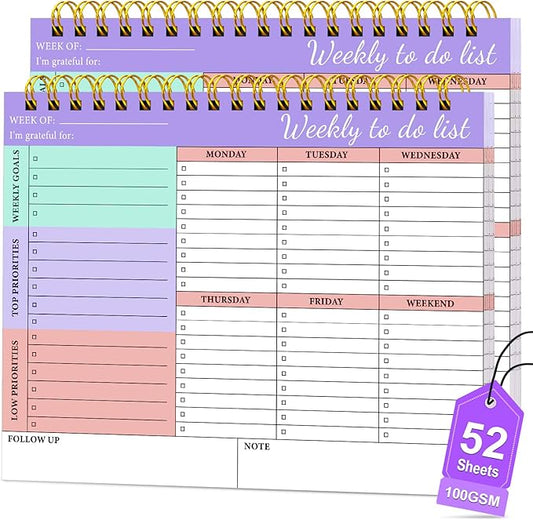 To Do List Notepad 52 Undated Pages, Weekly To Do List Notepad with Weekly Goals, 2 Packs Weekly Planner Notepad 8.5"×11", Task Planning Pad with PP Cover for Women Men to Track Task