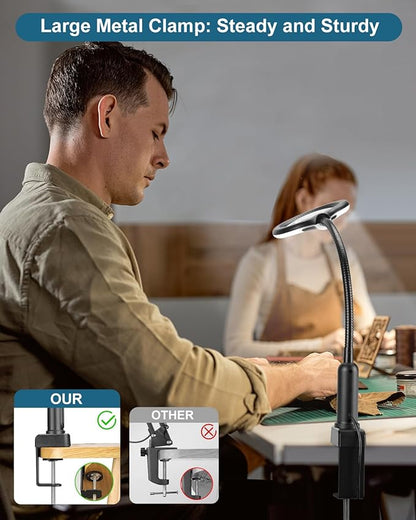 10X Magnifying Glass with Light and Stand, LED 5 Color Modes, Brightness Stepless Dimming Lighted Magnifier Hands Free, Flexible Gooseneck Desk Lamp with Clamp for Close Works, Crafts, Hobby, Painting