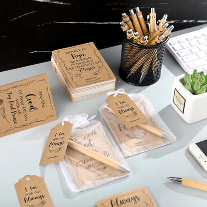 200 Pcs Bible Verse Sets Church Christian Gift Include 50 Scripture Notebooks 50 Bible Bamboo Pens 50 Thanks Tags 50 Organza Bags for Women Man Christian Party Gifts(Brown,Bible)