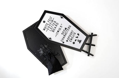 Coffin Letter Board White With Spooky Emojis +500 Characters, and Wooden Stand - 17x10.5 Inches - Gothic Halloween Decor Spooky Gifts Decorations