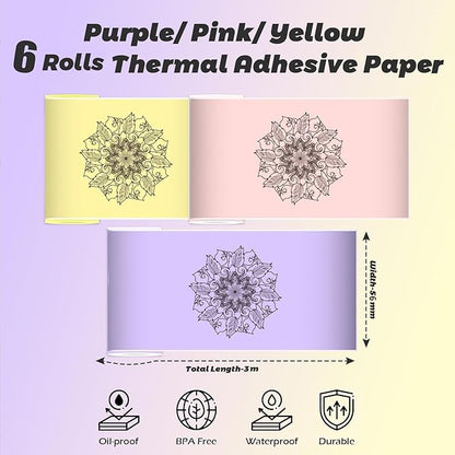 6 Rolls Colored Printer Paper, Self-Adhesive Thermal Paper with Black Character on Yellow/Purple/Pink Color Paper for Printer, 57mm x 25mm Sticker Printer Paper, 3 Color Thermal Labels