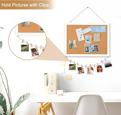 Double-Sided Cork Board for Wall, 16" x 12" Hanging Wood Framed Small Bulletin Board, Picture Display Vision Board Corkboards for Wall Room School Office Decor, 20 Pushpins (Vintage White)