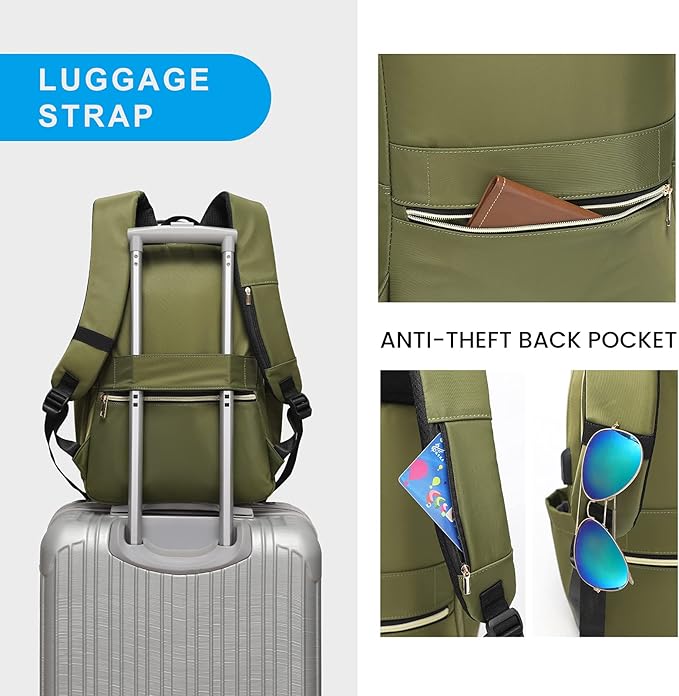 Modoker 15.6 Inch Laptop Backpack for Women, Quilted Work Backpack for Women Bookbag Teacher Backpack, Travel Backpack with USB Charging Port, Backpack Purse for Women Nurse, Green