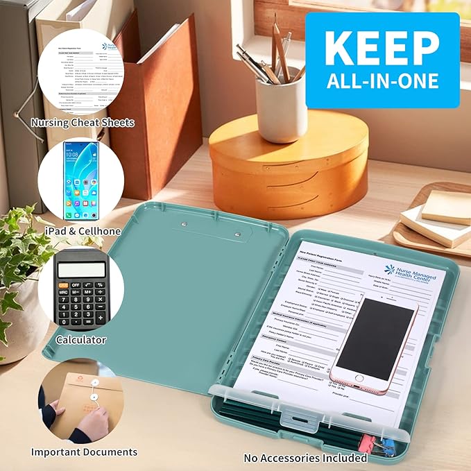 Clipboard with Storage, Clip Boards 8.5x11 with Storage, Large Capacity Nursing Clipboards with Pen Holder, Heavy Duty Plastic Storage Clipboard Folder with Low Profile Clip, Side-Opening